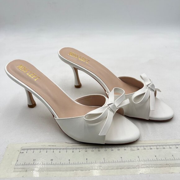 miss left White Open Toe Mule Bows High Heeled Slip On Sandal Dress Shoes - Picture 4 of 8